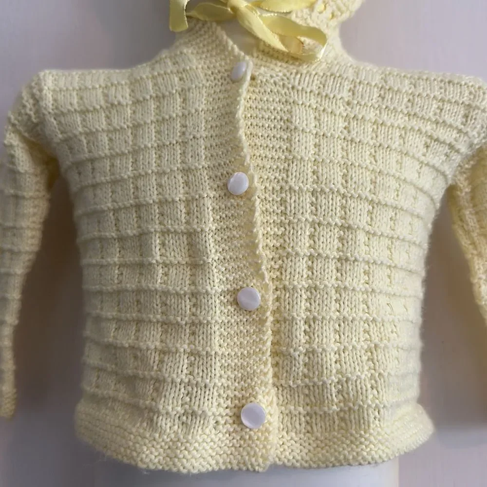Vintage‎ yellow pom pom hooded cardigan unisex baby sweater